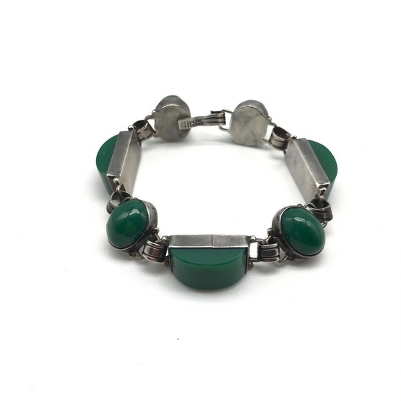 Vintage 925 Sterling Silver Mexico Green Onyx Panel Link Bracelet 7.25" - Picture 9 of 10